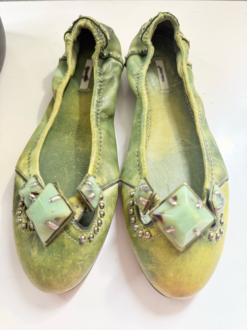 Miu Miu ballet  flats  Y2K vintage Pistachio Green Jeweled Ballet Flats